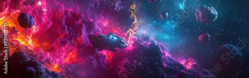 Futuristic interstellar journey through vibrant cosmic clouds and asteroids photo