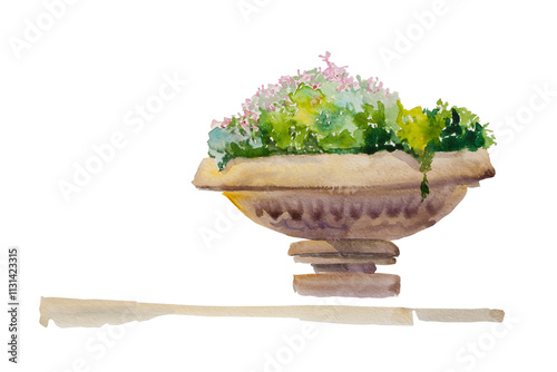 Watercolor classic decorative garden flowerpot vase with flowers