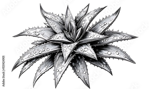 Detailed Illustration of an Aloe Vera Plant with Dew Drops