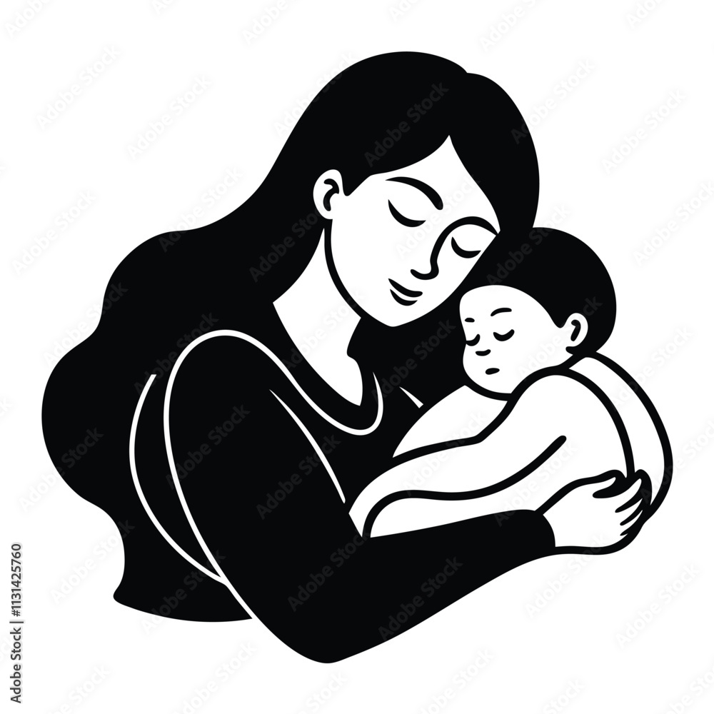 Fototapeta premium Baby Sleeping on Mother's Lap Silhouette Vector Art Illustration – Black Color, White Background