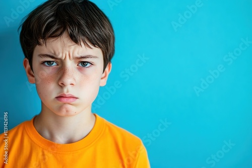 Serious-looking boy in an orange shirt against a bright blue background, expressing displeasure or concentration with a furrowed brow in a minimalistic portrait