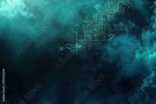 Abstract digital background with glowing green grid elements and atmospheric fog, symbolizing data, technology, and virtual connectivity in a futuristic design photo