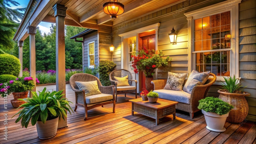 Fototapeta premium Charming Side Porch Photos: Rustic Porch Decor, Cozy Outdoor Seating, Relaxing Patio Ideas
