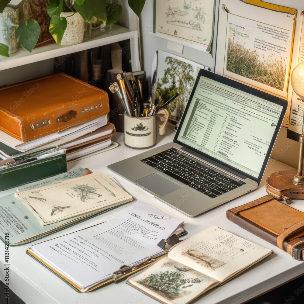 Obraz premium Wildlife biologist's desk filled with research materials and technology in an organized workspace environment