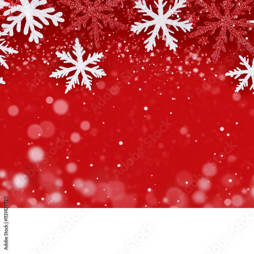 Close-up of white snowflakes scattered on a vivid red background evoking winter and holiday themes photo