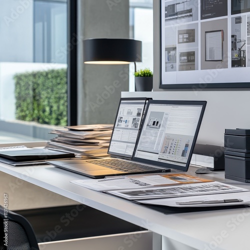 Detailed view of a modern sales associate workstation featuring dual monitors and organized materials