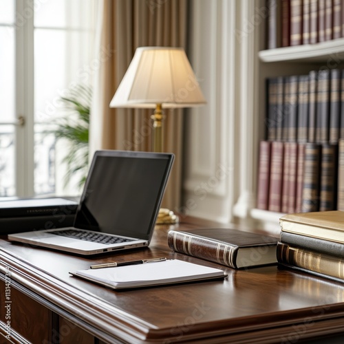 Close-up of a District Attorney's desk highlighting organized legal materials and a laptop at a law office photo