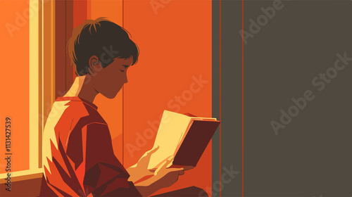 Boy Reading Book Back View Illustration in Flat Vector Style