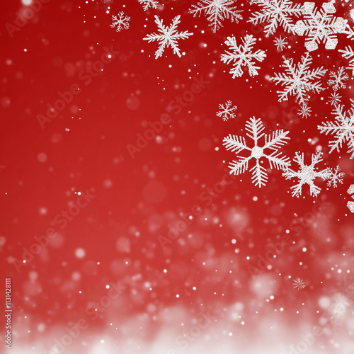 Red holiday background with soft bokeh and scattered white snowflakes creating a festive ambiance photo