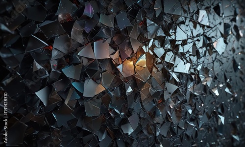 Fragmented windowpane shattered on dark surface, evening darkness, shattered pane, shards of glass