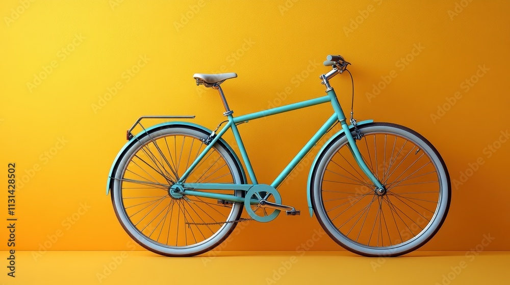 Fototapeta premium Minimalist blue bicycle against vibrant yellow backdrop in studio setting