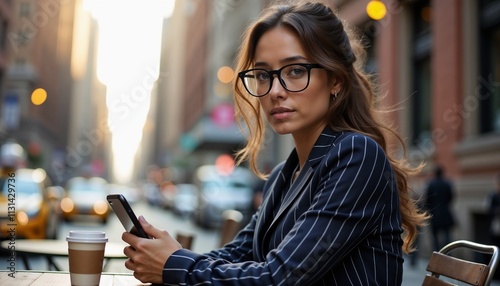 young woman in pinstriped navy suit and glasses, sitting at outdoor café with coffee and smartphone