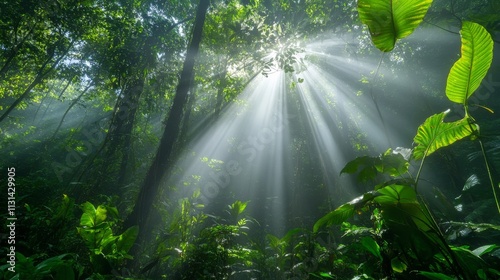 Sunbeams Through Rainforest Canopy Low-Angle, Lush Greens, Mystical Light photo