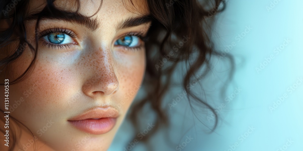 Portrait of a Woman with Beautiful Skin and Curly Hair Looking Away Portrait of a Woman with Beautiful Skin and Curly Hair Looking Away