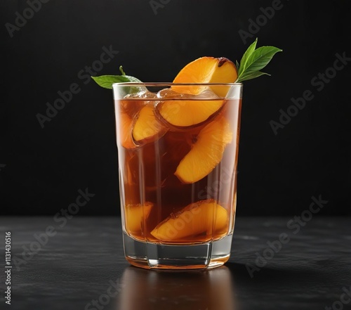 A glass of warm ginger peach tea perfectly centered on a dark glossy black background with subtle reflections, glass, serene photo