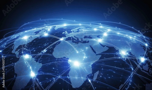 A blue background with digital map lines and global network connections, representing the world of business technology in an elegant presentation style Generative AI