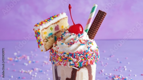 Ice cream soda with whipped cream, candy, and licorice on purple backdrop