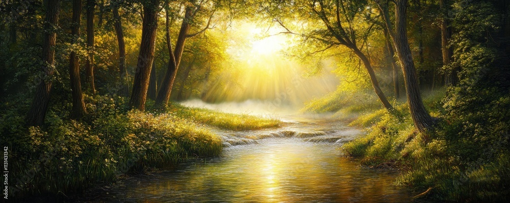 Obraz premium Golden Forest Stream Oil on Canvas, Sunlit Landscape, Tranquil Nature Scene