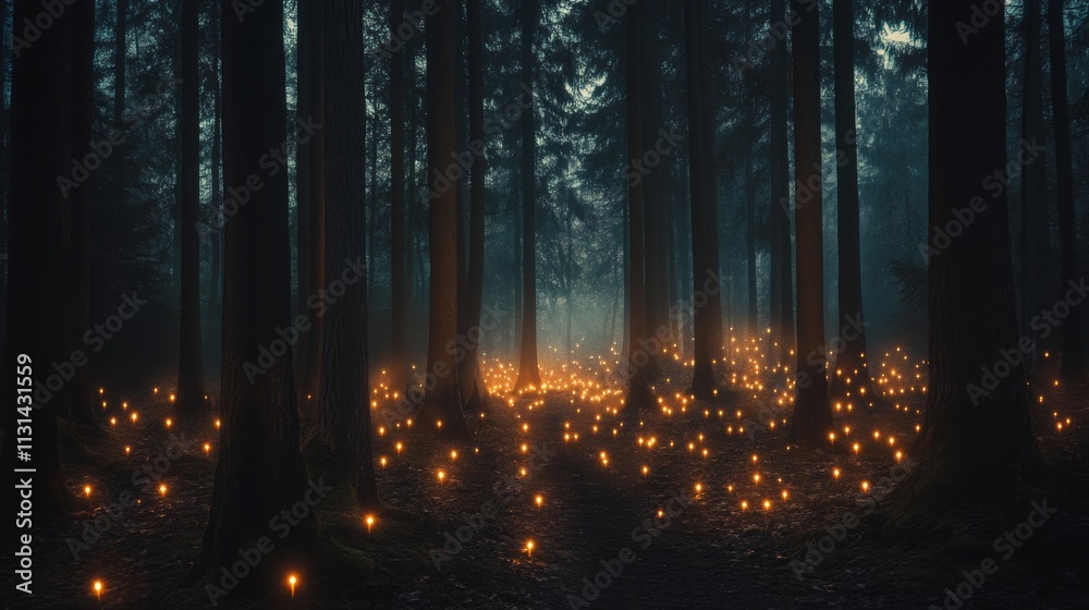 Obraz premium Enchanted Forest Path Candles Light a Mystical Night