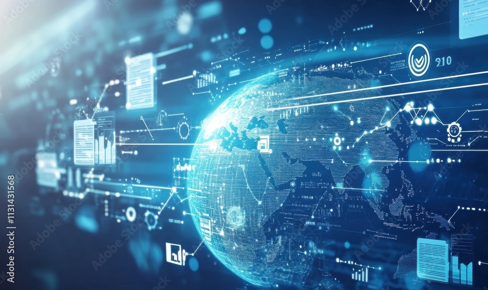 Fototapeta premium Light blue background with a digital globe, world map, and global network connections on the right side of the screen The design is simple yet sophisticated, featuring light blue tones Generative AI