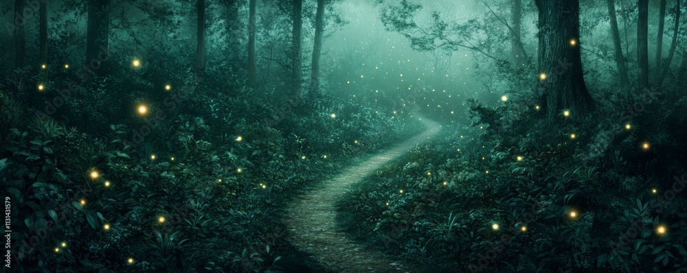 Fototapeta premium Enchanted Forest Path Fireflies and Foggy Night