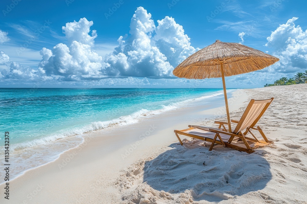 Fototapeta premium Relaxing beach scene with a lounge chair and umbrella on soft sand beside calm turquoise waters