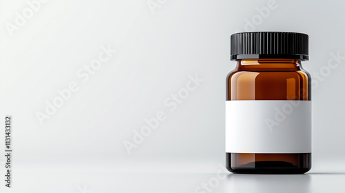 A simple amber glass bottle with a blank white label and black cap, set against a plain white background. photo