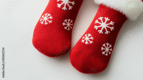 Cozy red knitted socks with white snowflake patterns, resting on a soft white surface, evoking holiday warmth.
 photo