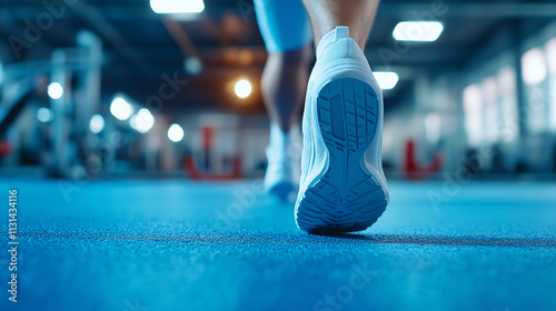 Close-up of a person walking on a blue gym floor in sneakers, with fitness equipment blurred in the background. photo