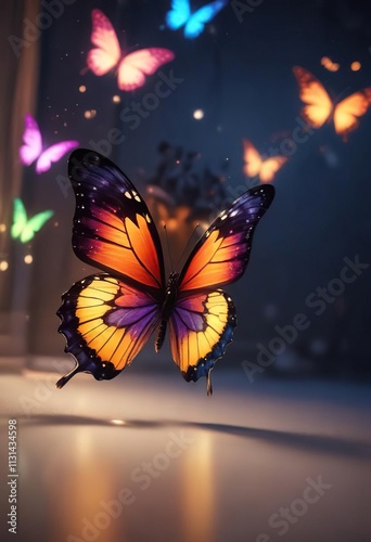 Individual butterfly lights flying separately with vibrant colors, shimmering illusion, individual butterfly photo