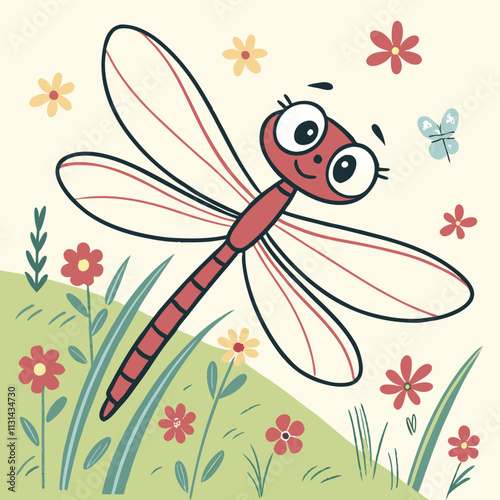 A vibrant and whimsical dragonfly cartoon illustration, perfect for digital products, graphic design projects, and creative assets.