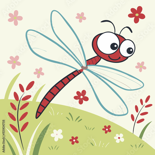 A vibrant and whimsical dragonfly cartoon illustration, perfect for digital products, graphic design projects, and creative assets.