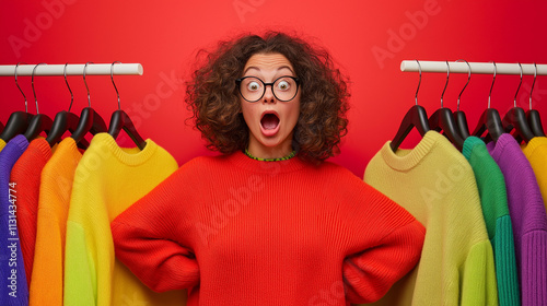 A surprised young woman with curly hair and glasses standing among colorful clothes against a red background. photo