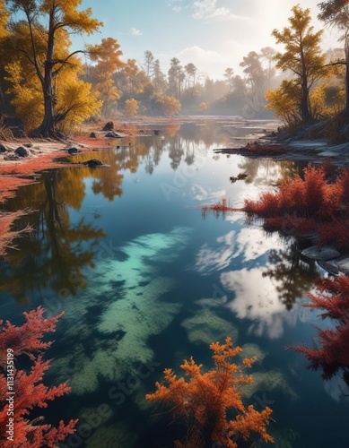 Polluted lake with acidified waters and surrounding vegetation dying, aquatic life, environmental degradation, lake ecosystem photo