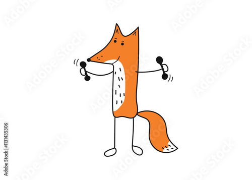Sporty fox. Cute animal doing sports. Fox athlete, training, exercises with dumbbells. Sport equipment. Simple linear icon on white isolated background.