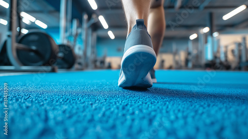 Close-up of a person walking on a blue gym floor in sneakers, surrounded by fitness equipment in the background. photo