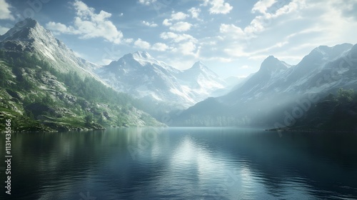 Tranquil lake reflects snow-capped mountains under clear blue sky in autumn