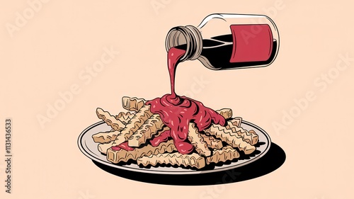 Bottle of ketchup is poured over a plate of french fries