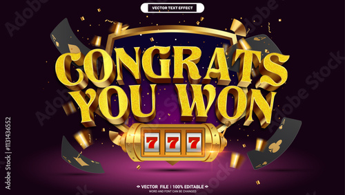 Congrats you won casino luxury gold style 3d editable vector text effect with black poker card and shiny gold coin