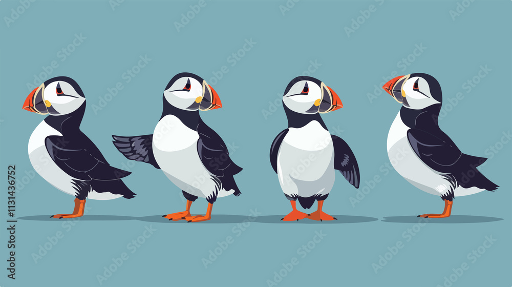 Fototapeta premium Realistic Vector Illustration of Single or Group of Puffin Birds in Flat Style