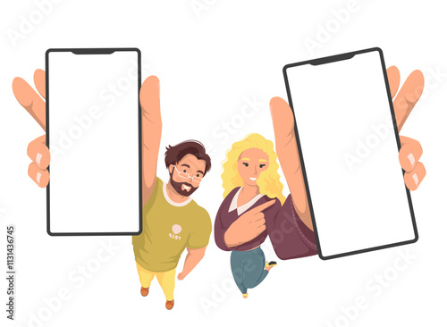 Happy man and woman couple looking and holding raised smartphone with blank screens up vector illustration. Male and female person showing presenting mobile phone or useful application