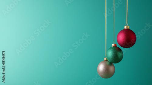 Red and green Christmas ornaments hanging against a minimalist teal background, creating a festive and modern design. photo