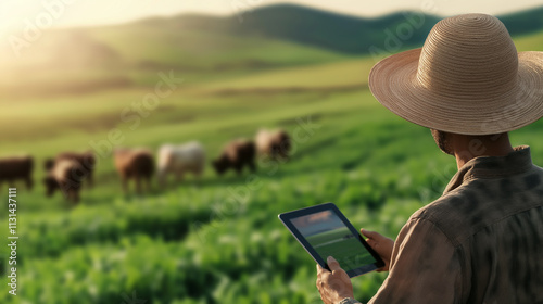 Farmer wearing a hat, sitting in a lush green field with a tablet, overseeing grazing cattle under sunlight. photo