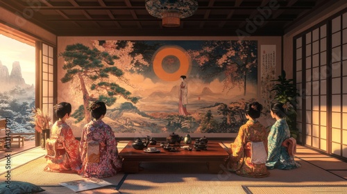 Four asian women in traditional kimono admiring large landscape painting at sunset in tea room.