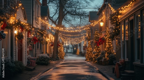 Street decorated with New Year's decorations at night