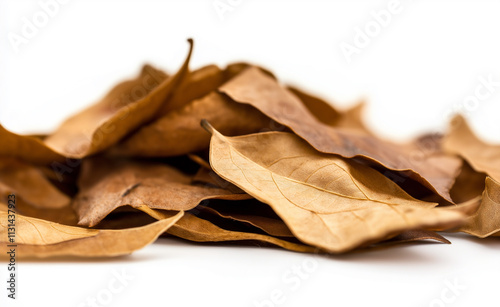 A pile of dried brown leaves isolated on a white background, showcasing the texture and natural earthy tones of autumn. photo