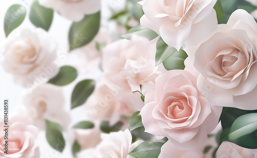 A delicate arrangement of soft white and blush pink roses with green leaves, creating a romantic floral display. photo