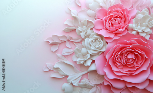 A delicate arrangement of soft white and blush pink roses with green leaves, creating a romantic floral display. photo