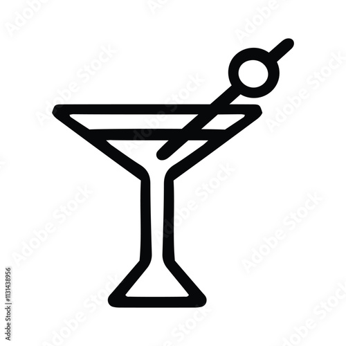 Hand-Drawn Martini with Olive Icon Black and White Vector