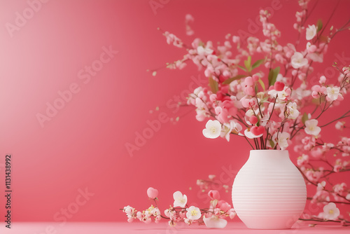 Blossoming flowers fill a white vase, creating a stunning display set against a bright pink wall that radiates joy